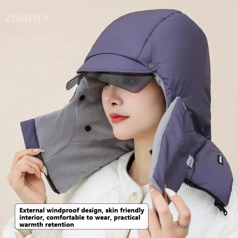 Stay Warm and Stylish with the 2025 Men Women Winter Down Cotton Cycling Hat - Integrated Ear Protection and Windproof Neck Coverage for Outdoor Adventures